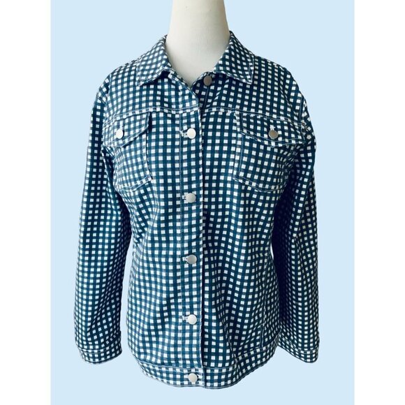 CHICO'S LADIES COLLARED BUTTON UP SHIRT JACKET BLUE WHITE PLAID POCKETS SIZE XL - Picture 1 of 7